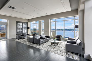 Modern interior design of living area in black and grey colors - obrazy, fototapety, plakaty