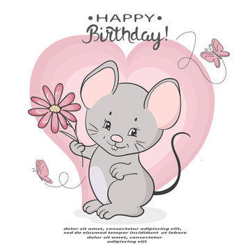 Cute cartoon mouse with a flower. Vector illustration for kids. Happy Birthday card.