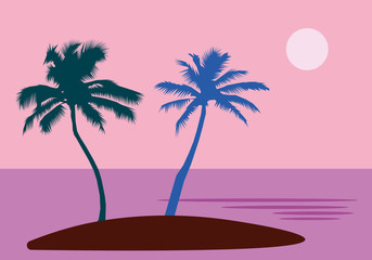 A tropical sea island with palm trees and sun. A flat style with pastel palette. Vector design illustration. Horizontal layout.