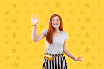 Hi. Cheerful positive girl smiling and waving her friends awhile walking and meeting friends