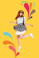 Playful mood. Excited emotional young girl feeling happy and jumping high after passing a difficult final exam