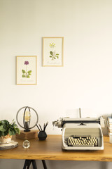 The stylish home office with vintage typewriter, poster illustrations of plants, table lamp, wooden desk and office accessories.
