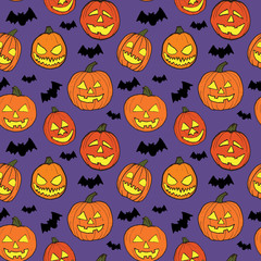 Halloween seamless vector pattern with hand drawn orange pumpkins carved faces and black bats on ultra violet background.