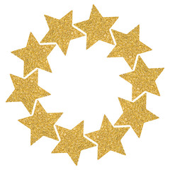 Fototapeta na wymiar Round frame of golden shiny stars on a white background.