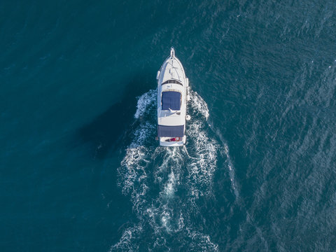 aerial view of sea emergency service team in fast speed motor boat