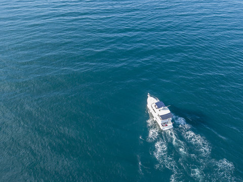aerial view of sea emergency service team in fast speed motor boat