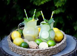 Preparation of the lemonade drink. Lemonade in the jug and lemons with mint on the table outdoor