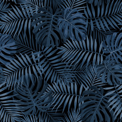 Dark Navy Blue Tropical Leaf background design featuring palm and monstera leaves. Seamless vector pattern. - 214010972