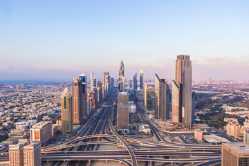 DUBAI, UAE - FEBRUARY 21, 2014. Aerial skyline view on Dubai main street - Sheikh Zayed Road and...