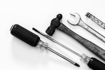 Essential hand tools for workman handyman tradesman. Screwdriver, Hammer, Wrench, Tape Measure....