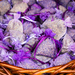 Fresh Dried Lavender Scented Sachets in Small Purple Organza Bags. Selective focus.