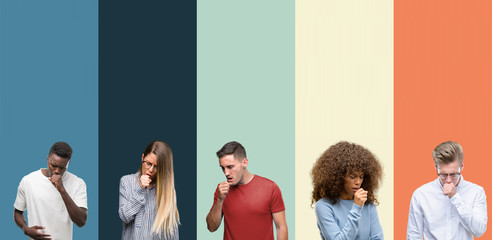 Group of people over vintage colors background feeling unwell and coughing as symptom for cold or...
