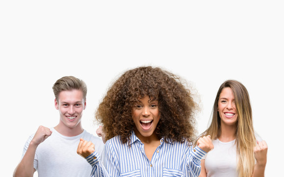 Group Of Young People Over White Background Screaming Proud And Celebrating Victory And Success Very Excited, Cheering Emotion