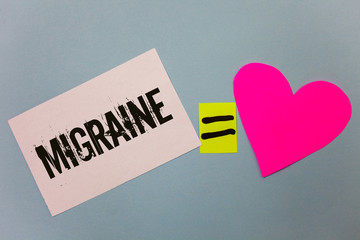 Handwriting text writing Migraine. Concept meaning Recurrent headache in one side of head nausea and disturbed vision Equal symbol sticky notes heart love plane coloured background calculation.