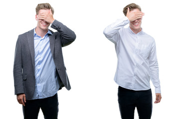 Young handsome blond business man wearing different outfits smiling and laughing with hand on face covering eyes for surprise. Blind concept.