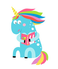 Little blue magic horse reading, fun childish illustration. Vector cartoon.