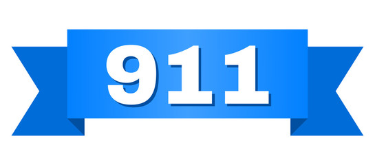 911 text on a ribbon. Designed with white caption and blue stripe. Vector banner with 911 tag.