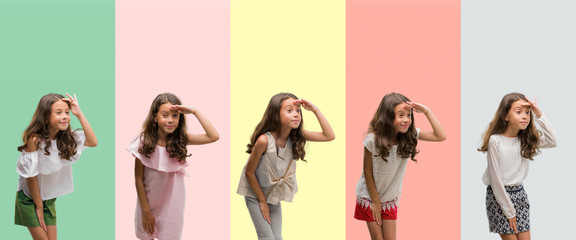 Collage of brunette hispanic girl wearing different outfits very happy and smiling looking far away with hand over head. Searching concept.
