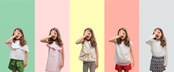 Collage of brunette hispanic girl wearing different outfits peeking in shock covering face and eyes with hand, looking through fingers with embarrassed expression.