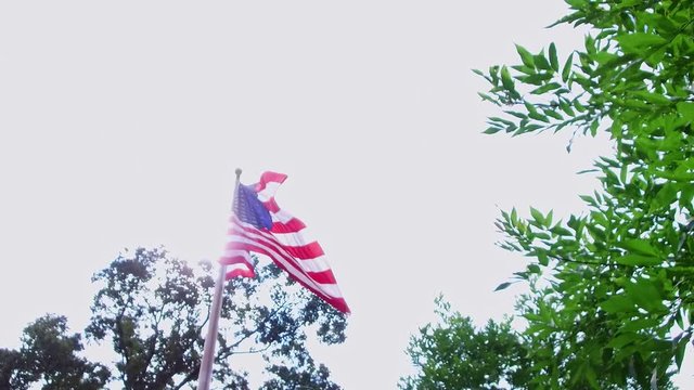 A US flag blowing in a gentle breeze or wind near the top of some trees with a bright sun shining on or close to the flag. The shot is taken from ground level near the base of the flagpole.