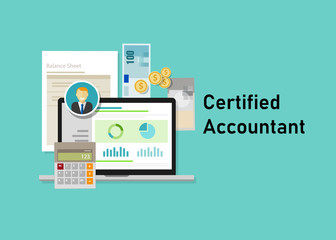 Certified accountant CA paper calculator laptop with people business smile. Business concept of accountant education certification.