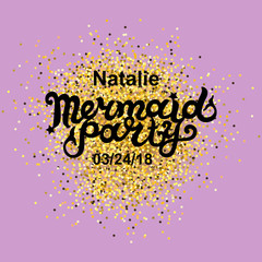 Welcome Mermaid Party text isolated on pink background. Hand drawn lettering Mermaid Party as logo, badge, patch, icon. Template for party, birthday, invitation, flyers, baby birth, web