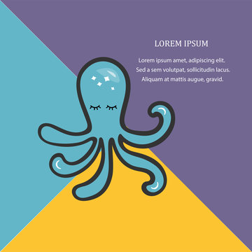 Vector illustration with cute blue octopus isolated on background. Template for sea food, invitation, flayer, greeting card, web. Postcard motive.