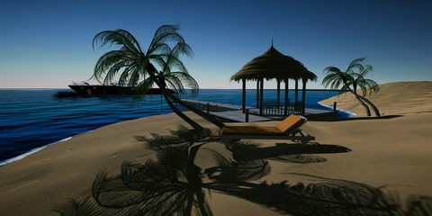 Extremely detailed and realistic high resolution 3D illustration of luxury Super Yacht approachting Tropcial Islands with Palms