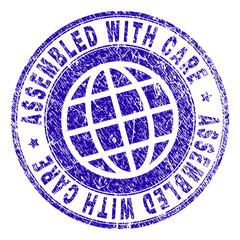 ASSEMBLED WITH CARE stamp watermark with distress texture. Blue vector rubber print of ASSEMBLED WITH CARE text with dirty texture. Seal has words placed by circle and planet symbol.