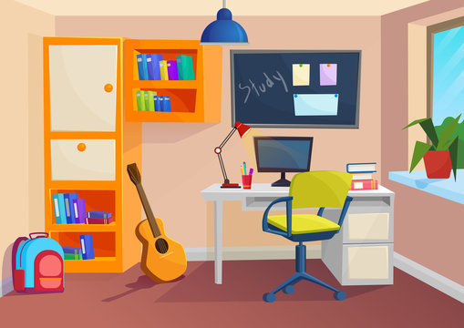 Student or pupil room. Workplace in room. Vector cartoon volumetric illustration.