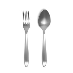 Spoon and fork 3D vector illustration. Isolated realistic set of silver or metal tableware on white background