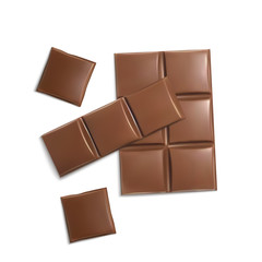 Vector 3d realistic chocolate pieces. Brown delicious bars for packaging mock up, package template. Cocoa tasty product, yummy dark dessert. Design element