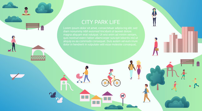 Vector Top map view concept of people at public city park walking and performing leisure outdoor activities.
