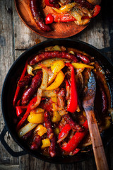 Sausage, Peppers, and Onion  in iron pan
