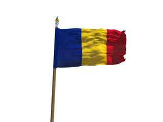 Romania flag Isolated Silk waving flag of Romania made transparent fabric with wooden flagpole golden spear on white background isolate real photo Flags of world countries 3d illustration