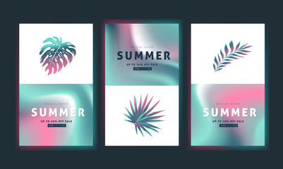 Summer sale background layout banners decorate with paper art tropical leaf vibrant bold gradient holographic .voucher discount.Vector illustration template.