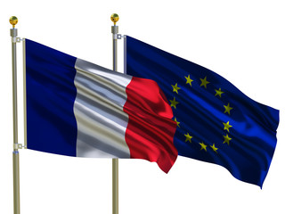 France flag EU flag Isolated Silk waving flags French Republic and European Union with a flagpole on a white background 3D illustration.