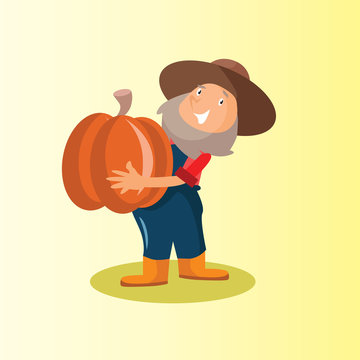 funny adorable farmer peasant agriculturist tiller gardener pumpkin cartoon character