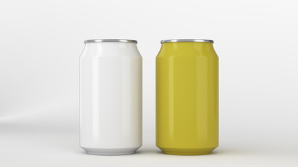 Two small white and yellow aluminum soda cans mockup on white background