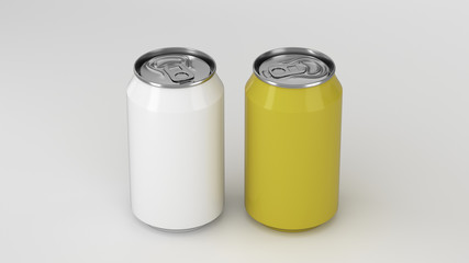 Two small white and yellow aluminum soda cans mockup on white background