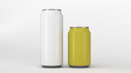 Big white and small yellow soda cans mockup