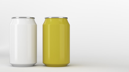 Two small white and yellow aluminum soda cans mockup on white background