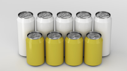  White and yellow soda cans standing in two raws on white background