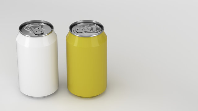 Two small white and yellow aluminum soda cans mockup on white background