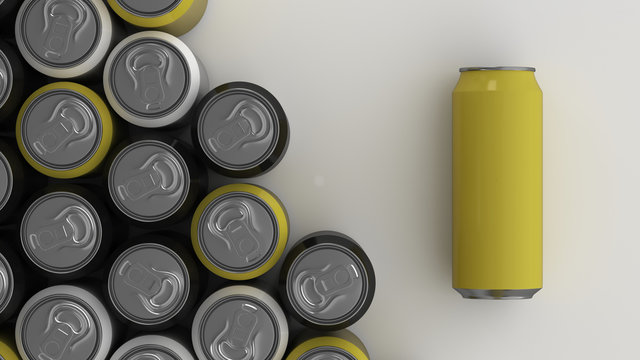Big black, white and yellow soda cans on white background
