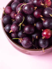 Fresh ripe organic gooseberry in a plate on the table. Summer garden berry close-up.  Summer berries.The gooseberry with drops of water. 