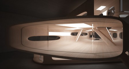 Empty dark abstract concrete and wood smooth interior. Architectural background. 3D illustration and rendering