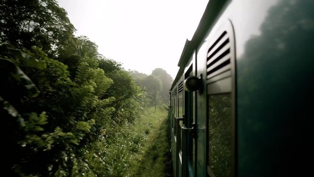Express train going full speed in Sri Lanka from Colombo to Ella. Filmed from window from second class compartment. Train drives through jungle with palmtrees on sunny morning.