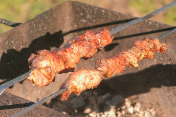 Appetizing juicy pork barbecue is roasted on skewers on top of charcoal grill. Close-up meat pieces.