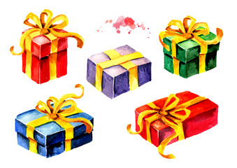 Gift box set. Watercolor hand drawn illustration, isolated on white background